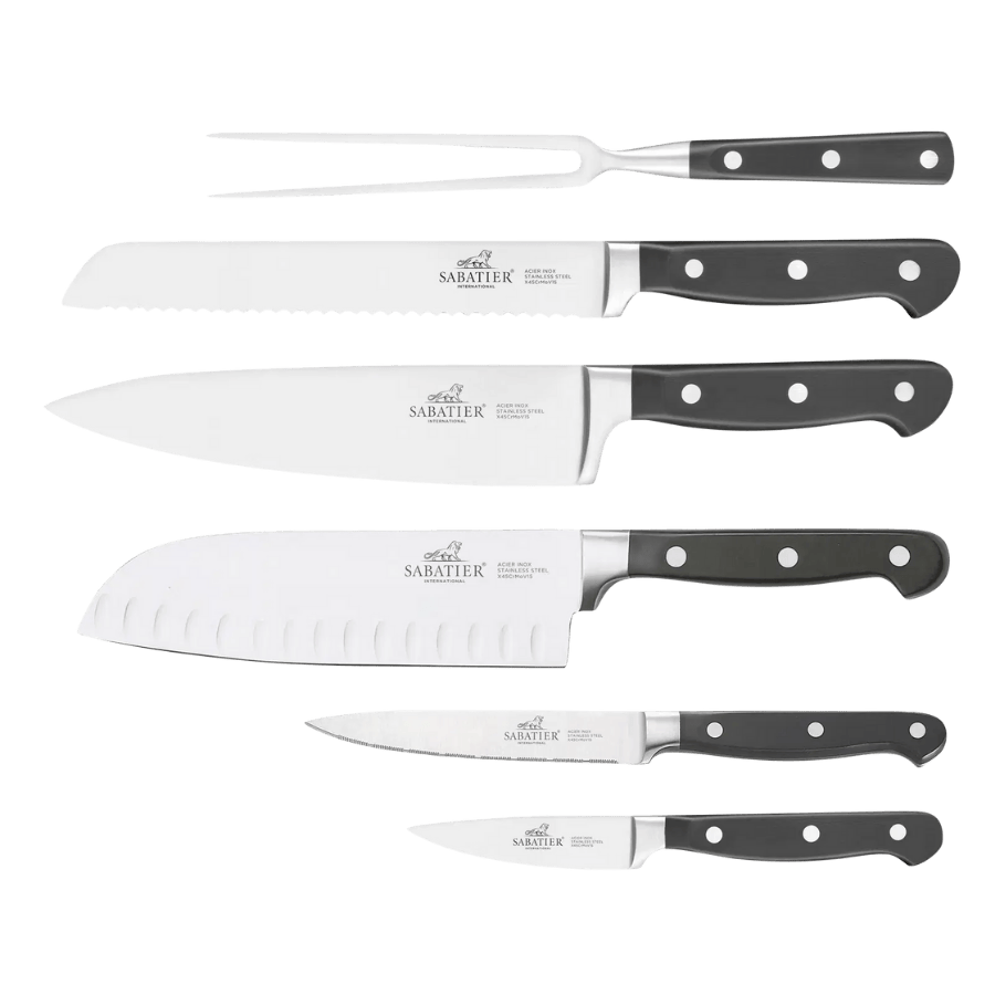 

Lion Sabatier Knivsæt 6 dele, urte, tomat, santoku, brød og kokkekniv samt stegegaffel i stål/sort, Pluton